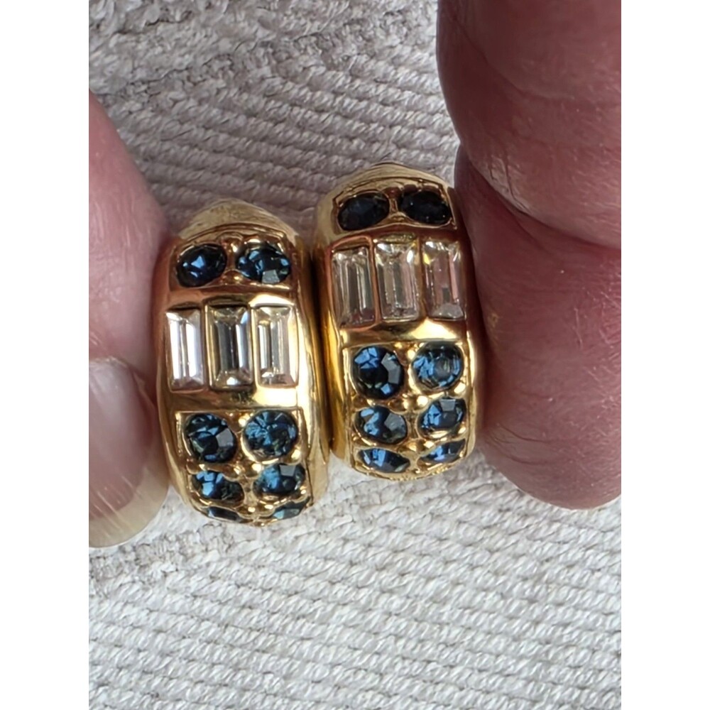 Vintage Swarovski Swan Signed Half Hoop Clip-On Earrings Blue  Crystal Gold Tone